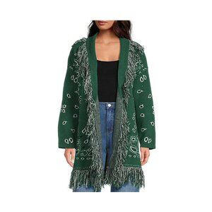 Bandana Fringe Shawl Collar Belted Open Front Cardigan